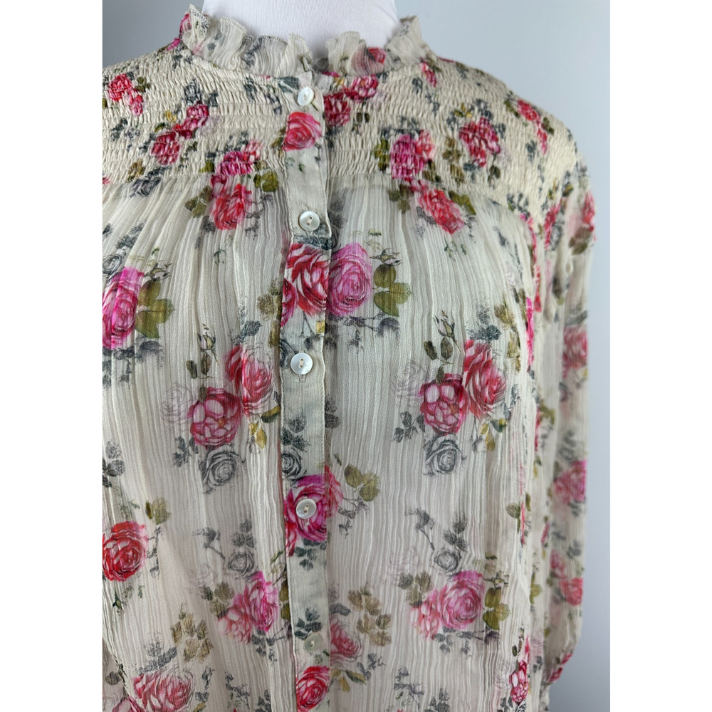 Sundance Amelia Floral Sheer Smocked Blouse Prairie Cottage Button Top Large - Picture 12 of 16